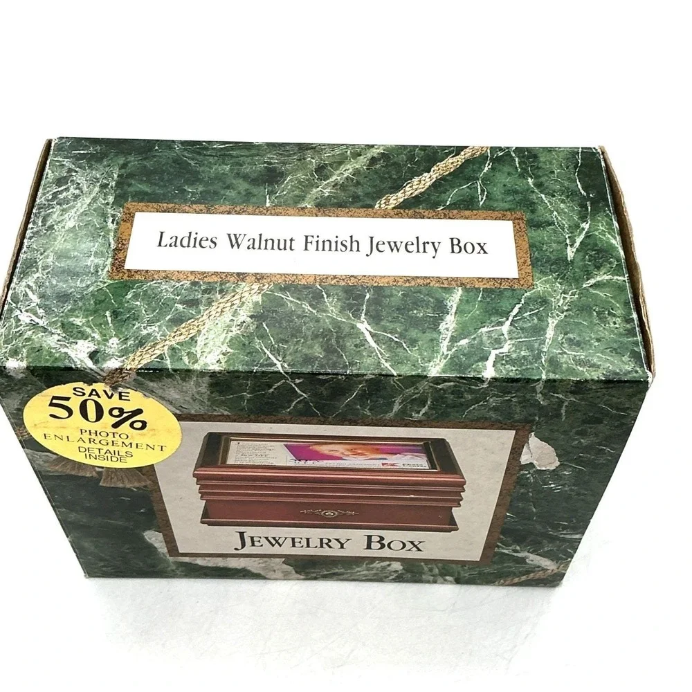 Vintage Ladies Walnut Finish Jewelry Box w Mirror Photo‎ Frame New in Box